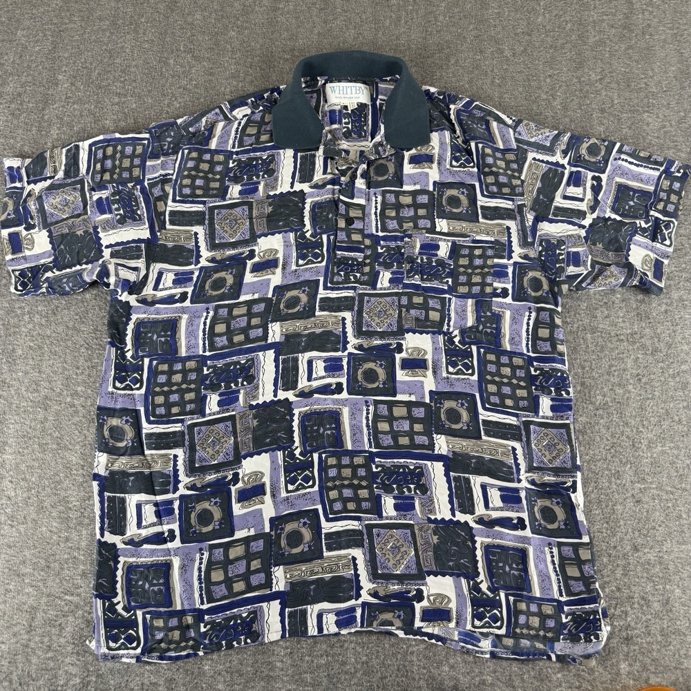 Whitby Washed Silk Shirt Mens Large Blue Abstract Geometric Polo Short Sleeve